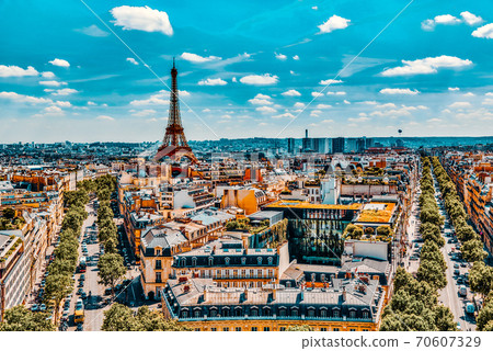 Beautiful panoramic view of Paris from the roof of the Triumphal Arch. View of the Eiffel Tower. Beautiful panoramic view of Paris from the roof of the Triumphal Arch. View of the Eiffel Tower. 70607329