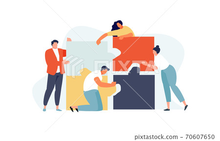 People folding puzzles teamwork concept 70607650