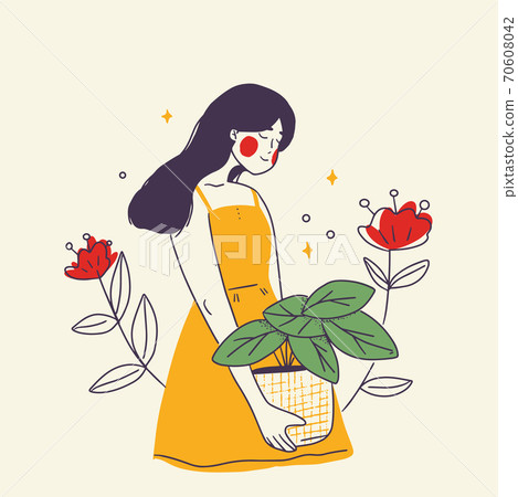 Beautyful young woman in dress with flower. Trendy line art minimalism style 70608042