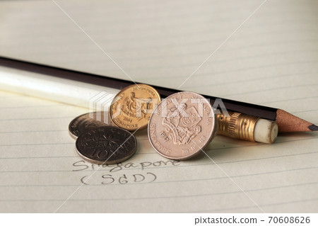 Singapore cents coin on obverse (SGD) with black and white pencil on the book. 70608626