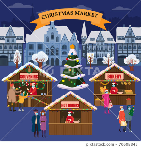 Christmas Market holiday fairs or festive on city square. In conditions of the COVID 2019 pandemic sellers in medical masks, Social distancing. People walk and buy between canopy, stalls, kiosks Christmas Market holiday fairs or festive on city square. In conditions of the COVID 2019 pandemic sellers in medical masks, Social distancing. People walk and buy between canopy, stalls, kiosks 70608843