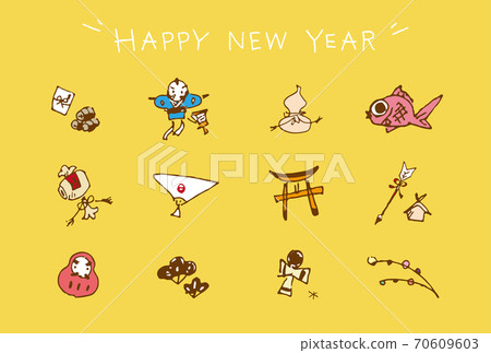 新年賀卡圖標手繪插圖 70609603