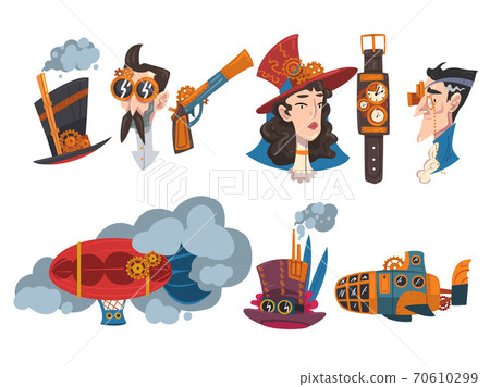 Steampunk Design Elements Set, Mechanical Engineering Devices and People, Antique Mechanical Device or Mechanism, Stylized Cartoon Style Vector Illustration Steampunk Design Elements Set, Mechanical Engineering Devices and People, Antique Mechanical Device or Mechanism, Stylized Cartoon Style Vector Illustration 70610299