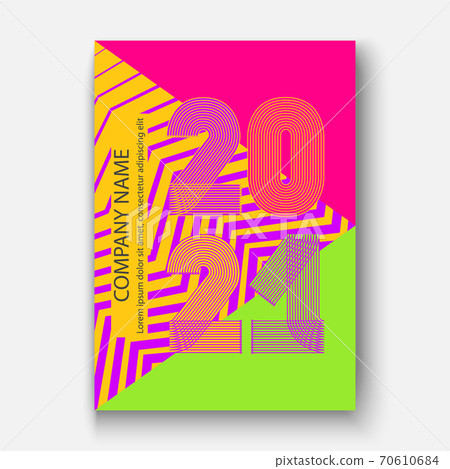 Abstract modern cover design colorful neon zigzag background with 2021 happy new year,2021 numbers in thin lines striped style, vector illustration for greeting card, banner, brochure, magazine, label 70610684