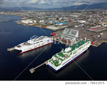 Aerial view of the ferry terminal at Hakodate Port, Hakodate City, Hokkaido in autumn and the ferry berthing Aerial view of the ferry terminal at Hakodate Port, Hakodate City, Hokkaido in autumn and the ferry berthing 70611075
