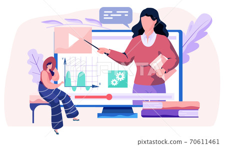 Teacher explains graph. A woman lecturer leads a distance lesson economic statistics to the student Teacher explains graph. A woman lecturer leads a distance lesson economic statistics to the student 70611461