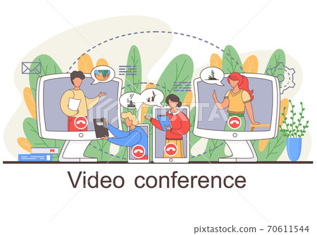 Women and man speaking over web camera, communicating at distance, talking about air pollution 70611544