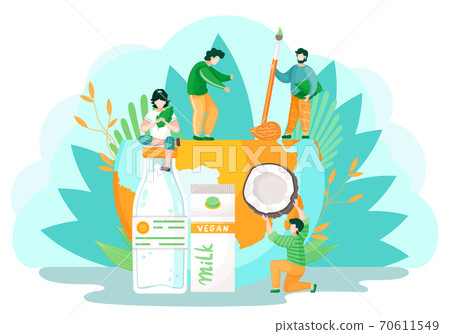 Cartoon illustration of small people near big milk bottles and nuts. Plant-based vegan nutty milk 70611549