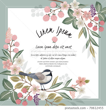 Vector illustration of a floral frame with a cute bird on a floral branch in spring for Wedding, anniversary, birthday and party. Design for banner, poster, card, invitation and scrapbook  70612455