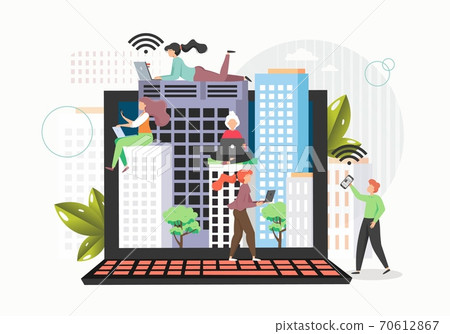 People using mobile devices wireless internet connection flat vector illustration. Free wifi hotspot, public access zone People using mobile devices wireless internet connection flat vector illustration. Free wifi hotspot, public access zone 70612867