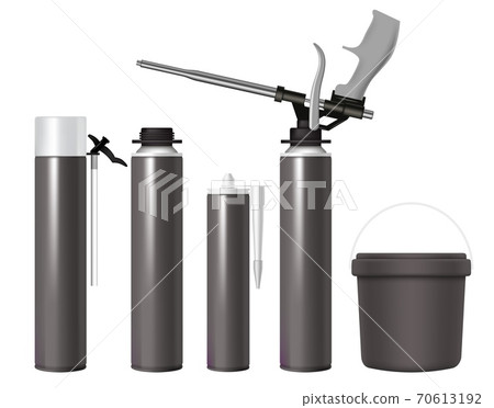 Black construction glue, silicone sealant, polyurethane mounting foam packaging container mockup set vector illustration 70613192