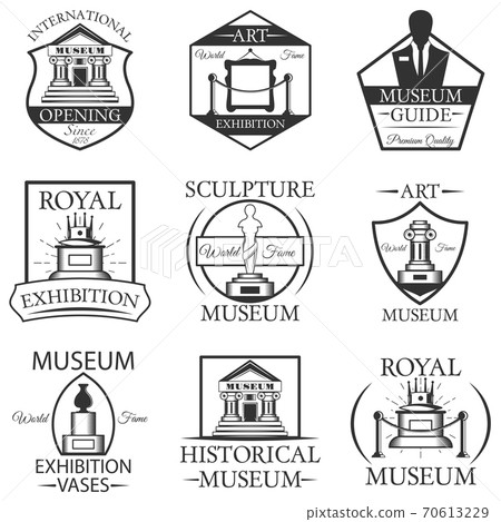 Vector set of museum isolated labels, logo and emblems. Black and white museum symbols and design elements. 70613229