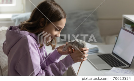 Loving teen girl play with domesticated mouse 70613534