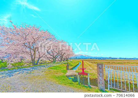 [Anime style] Spring in Japan Rural scenery seen from the Funagawa embankment in Toyama prefecture 70614066