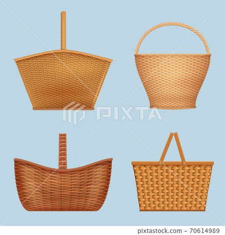 Picnic basket. Handmade decorative containers for nature food vector empty wooden basket vector realistic collection Picnic basket. Handmade decorative containers for nature food vector empty wooden basket vector realistic collection 70614989