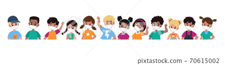 Kids with mask. Children in medical masks for protect disease, flu, smog and covid-19. Multiethnic group boys and girls stop spread viruses beware epidemic cartoon flat vector illustration 70615002