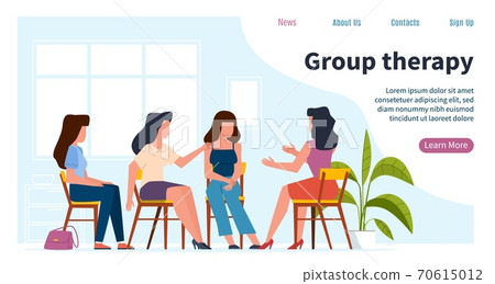 Women therapy. Psychologist consulting females group with psychology problems. Depression, burn out syndrome and stress, psychoanalysis session and coach consultation vector landing page Women therapy. Psychologist consulting females group with psychology problems. Depression, burn out syndrome and stress, psychoanalysis session and coach consultation vector landing page 70615012