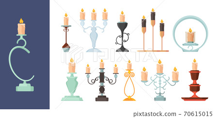 Candlestick. Burning fire on candle holder vintage metal candelabrum ancient decoration vector collection 70615015