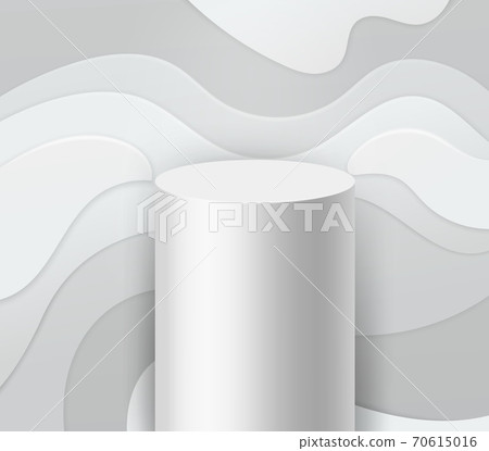 White podium. Abstract geometric cylinder shape paper and textured wavy layer background, geometric studio pillar pedestal minimal scene for showcase product or awards 3d vector mockup 70615016