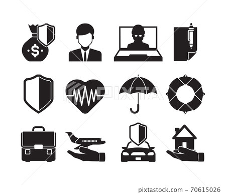 Insurance silhouettes. Protective life property disaster home travel or business insurance icon collection 70615026