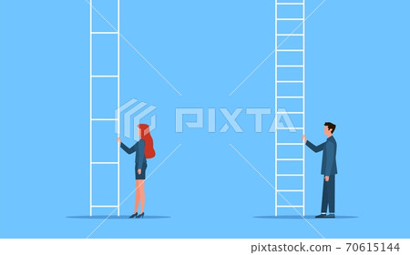 Gender equality. Genders gap, man and woman stand at career ladder, different opportunities. Female discrimination, injustice and sexism symbol feminism and women rights vector flat concept Gender equality. Genders gap, man and woman stand at career ladder, different opportunities. Female discrimination, injustice and sexism symbol feminism and women rights vector flat concept 70615144
