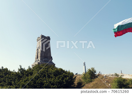 Bulgarian National flag and monument of liberty Shipka National holiday Selective focus 70615260
