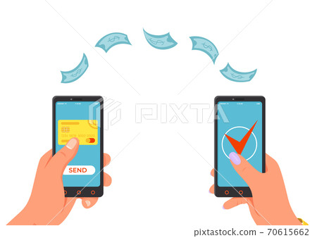 Transfer money by mobile online payment in phone, vector illustration. Business internet digital transaction, pay by smartphone 70615662