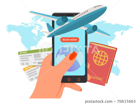 Ticket for airplane at internet application, online mobile travel vector illustration. Web reservation to flight concept, journey 70615663