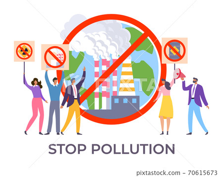 Eco activist character stop pollution, mass rally group young people holding banner protect environment flat vector illustration, isolated on white. Eco activist character stop pollution, mass rally group young people holding banner protect environment flat vector illustration, isolated on white. 70615673