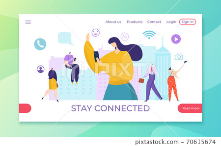 Stay connected at internet media, man woman online in smartphone vector illustration. Cartoon device technology for flat boy girl. 70615674