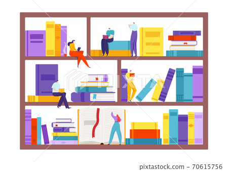 Book at bookshelf, people character with education knowledge vector illustration. Student person at huge shelf read and learn Book at bookshelf, people character with education knowledge vector illustration. Student person at huge shelf read and learn 70615756