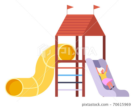 A girl slodes dowm on slide, a playground, a castle-like roof with flags. Flat vector image A girl slodes dowm on slide, a playground, a castle-like roof with flags. Flat vector image 70615969