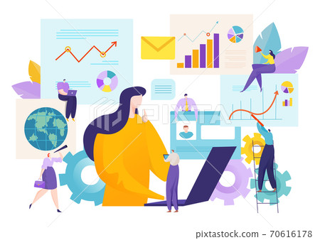 Business leader and teamwork concept, vector illustration. Analysis flat team at office, people character design analytics chart. 70616178