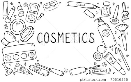 Cute doodle frame with cosmetics and accessoires. 70616336