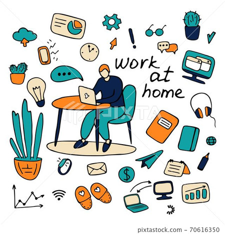 Work From Home Illustration Set Vector. Hand Drawn 70616350