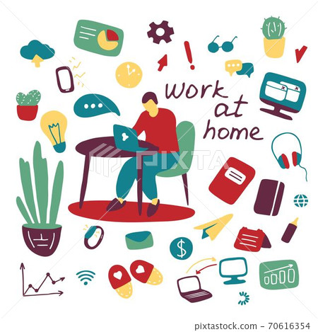 Work at home concept. Man is working from home in Work at home concept. Man is working from home in 70616354
