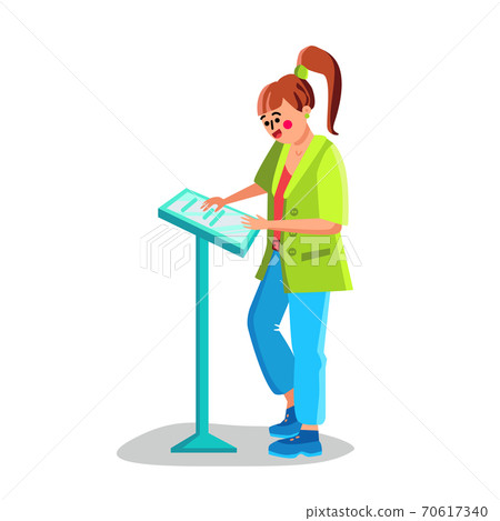 Woman Use Self-service Kiosk Digital Device Vector 70617340