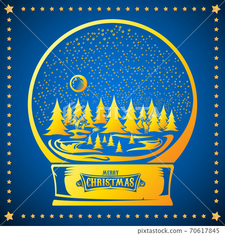 Merry christmas greeting card with christmas snowball or snow globe golden silhuette icon with xmas tree, sky, moon, deer and greeting christmas text isolated on blue christmas background. Merry christmas greeting card with christmas snowball or snow globe golden silhuette icon with xmas tree, sky, moon, deer and greeting christmas text isolated on blue christmas background. 70617845