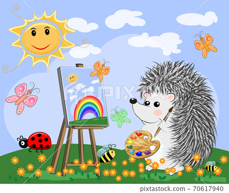 Artist paints a picture of landscape in the nature. Plein Air. illustration in a flat style Artist paints a picture of landscape in the nature. Plein Air. illustration in a flat style 70617940