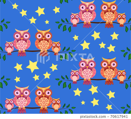seamless pattern on the theme of family and nature. A family of owls sitting on a tree branch among flowers and butterflies. seamless pattern on the theme of family and nature. A family of owls sitting on a tree branch among flowers and butterflies. 70617941