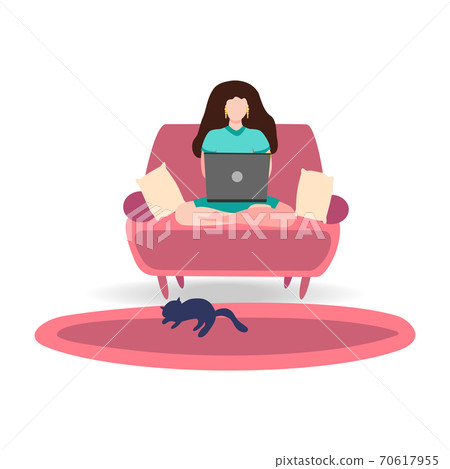 A woman works on a laptop at home on the couch. Freelance concept, quarantine due to covid-19 A woman works on a laptop at home on the couch. Freelance concept, quarantine due to covid-19 70617955