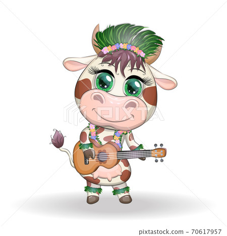 Cute cartoon bull, cow with beautiful eyes, Hawaiian hula dancer character with ukulele guitar among leaves, flowers. Chinese new year cute bull mascot Cute cartoon bull, cow with beautiful eyes, Hawaiian hula dancer character with ukulele guitar among leaves, flowers. Chinese new year cute bull mascot 70617957