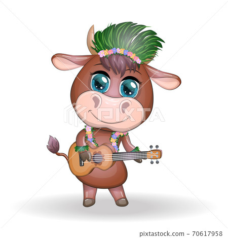 Cute cartoon bull, cow with beautiful eyes, Hawaiian hula dancer character with ukulele guitar among leaves, flowers. Chinese new year cute bull mascot Cute cartoon bull, cow with beautiful eyes, Hawaiian hula dancer character with ukulele guitar among leaves, flowers. Chinese new year cute bull mascot 70617958