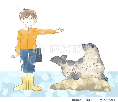 Illustration of a keeper doing a seal show at the aquarium 70618063