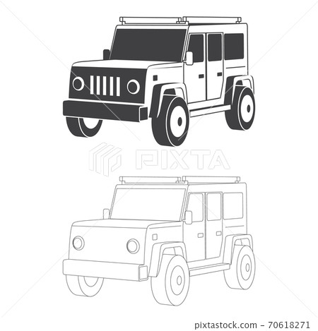Set of Isometric car thin line and silhuette. 3d off-road car travel grey and white vector pictogram isolated on white. Summer family travel concept. Vector. Set of Isometric car thin line and silhuette. 3d off-road car travel grey and white vector pictogram isolated on white. Summer family travel concept. Vector. 70618271