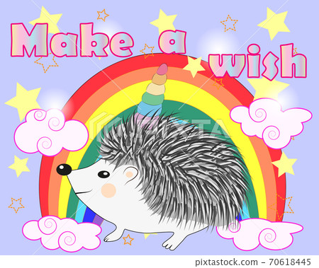 A cute cartoon hedgehog with a unicorn horn on a rainbow. Concept everyone can be unicorn A cute cartoon hedgehog with a unicorn horn on a rainbow. Concept everyone can be unicorn 70618445