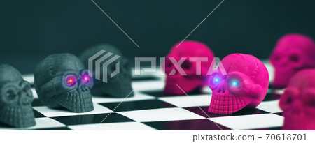 Halloween sculls on a chess board. Spooky 70618701