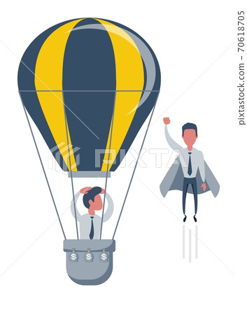 Businessman superhero fly pass Businessman in hot air balloon. Business competition concept 70618705