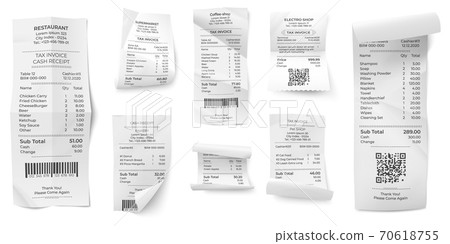 Receipts bill. Atm paper prints, paying ticket shop or store purchase invoice. Isolated realistic supermarket cash order vector collection 70618755