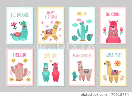 Llama cards. Beautiful invitations, alpaca flower colorful birthday invites. Babies kids posters with cactus cute wild animals vector set Llama cards. Beautiful invitations, alpaca flower colorful birthday invites. Babies kids posters with cactus cute wild animals vector set 70618774